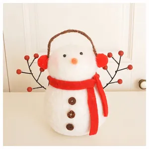 Detailed view of a plush wool felt snowman featuring red earmuffs and a long festive scarf