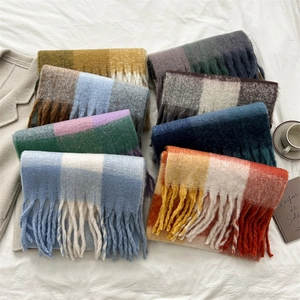 Winter Plaid Tassel Scarf For Women Mohair Feel Oversized Long Warm Soft Checkered Shawl Wrap Fashion Neck Wear