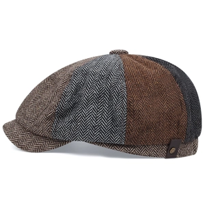 Vintage herringbone newsboy cap for men featuring multi-color wool patchwork and side buckle