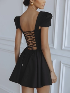 French style square neck mini dress with backless lace-up detail and puff sleeves