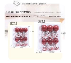 Comparison of 6cm and 8cm red and clear Christmas balls in retail gift packaging