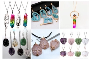 Detailed collection of tree of life natural crystal pendants in various shapes and colors
