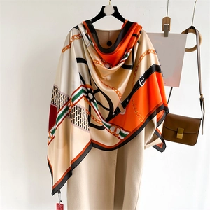 Elegant Faux Satin Scarf Large Shawl Equestrian Chain Print Satin Finish Color Block Wrap For Women Lightweight
