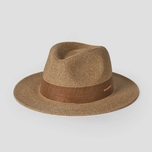 Close-up of the fine woven texture and decorative brown band on a classic straw fedora