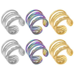 Detail view of 6-piece multi-layer non-piercing ear cuffs in gold, silver and rainbow colors