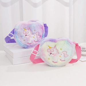 Rainbow plush unicorn heart shaped crossbody bag with adjustable shoulder strap for girls