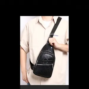 Men's black PU leather chest bag with woven texture and adjustable shoulder strap