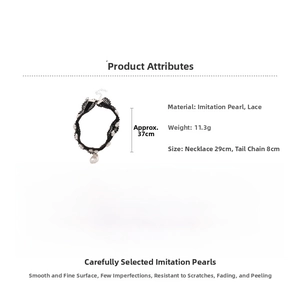 Détails du collier ras du cou en dentelle noire avec perles montrant les dimensions du produit