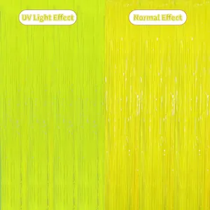 Neon macaron foil fringe curtain showing UV light effect versus normal light view