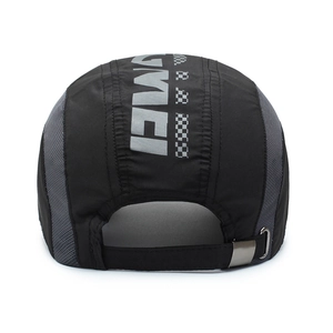 Black quick-dry sports cap with breathable grey mesh and reflective rear buckle closure