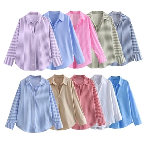 Women's Y2K poplin long sleeve shirts in various solid colors and classic striped patterns
