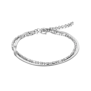 Double-layer silver stainless steel bracelet featuring snake chain and bead accents