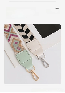 Detail of adjustable crossbody bag straps with geometric patterns and metallic swivel hooks