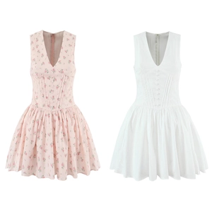 Women's V-neck sleeveless lace floral maxi dress in pink print and solid white