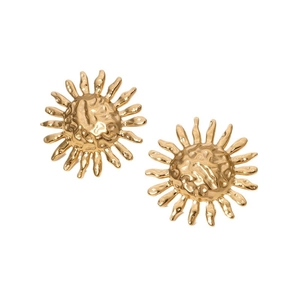 Fashionable golden sunflower stud earrings with textured hammer finish in stainless steel