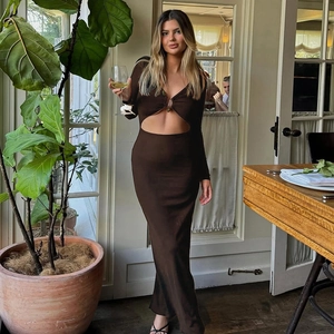 Haut Court En Tricot Côtelé Pour Femmes Et Jupe Longue Moulante Manches Longues Col En U Taille Haute Sexy Brun