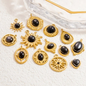 French vintage 18k gold plated stainless steel pendants set with natural obsidian stones