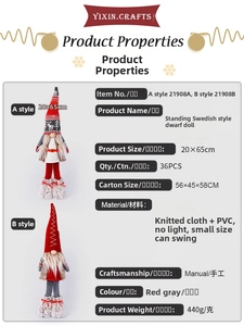 Detail specifications for Nordic Christmas gnome with red plaid hat and 65cm height