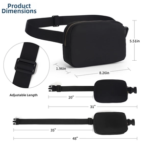 Size guide for black waterproof nylon fanny pack showing dimensions and adjustable strap length