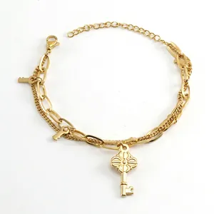Key Charm Bracelet Stainless Steel Double Layer 18K Gold Plated Adjustable Chain Fashion Retro Jewelry For Women