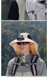 Dettaglio di cappello da sole outdoor con ventola solare e protezione per il collo
