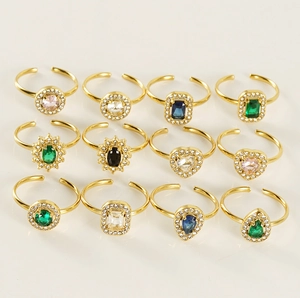 Set of 12 adjustable 18k gold plated rings with colorful zircon heart and star shapes