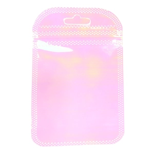 Detail of pink iridescent resealable pouch with hanging hole and secure zip lock seal