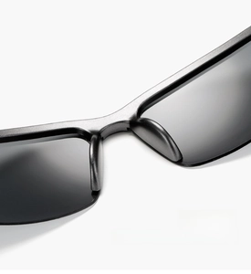Close-up of integrated comfortable nose rest on dark grey metal frame sunglasses