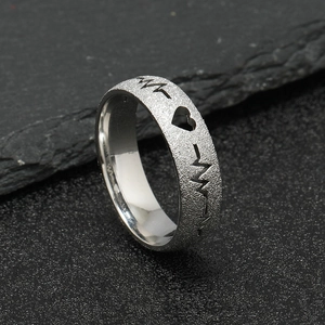 Macro detail of silver stainless steel heart EKG ring with a frosted matte finish