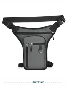 Front view of grey waterproof tactical leg bag with multiple zipper compartments