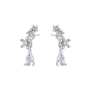 Elegant S925 silver flower earrings with clear zircon stones and waterdrop charms