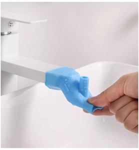Blue silicone faucet extender with dual-outlet design for easy children hand washing