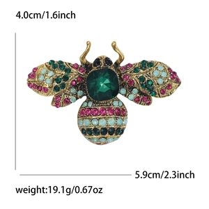 Vintage crystal bee brooch with colorful rhinestones on gold base, 5.9cm wide
