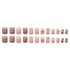 24pcs set of nude pink press-on nails featuring cute cartoon dog and cherry patterns