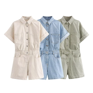 Women Short Sleeve Denim Romper Button Down Utilitarian Pocket Summer Casual Streetwear Jumpsuit Cotton