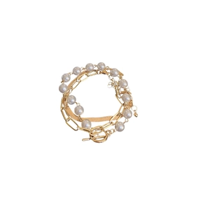 Three-layer layered gold bracelet with OT buckle, paperclip chain and faux pearls