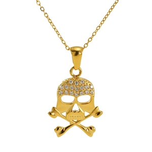 Détail d'un pendentif tête de mort doré orné de cristaux brillants style hip-hop