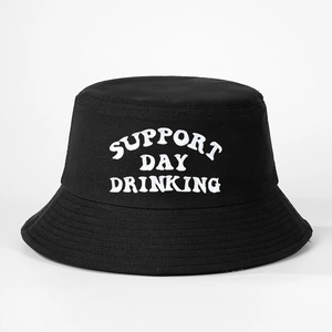 Close-up of black cotton bucket hat with SUPPORT DAY DRINKING white embroidery