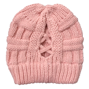 Detailed knit texture of pink ponytail beanie with back opening for high hair bun