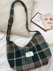 Retro plaid large capacity half-moon crossbody bag with vintage wool grid pattern