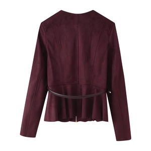 Slim fit burgundy faux suede jacket with ruffled hem and back belt detail view