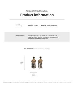 Detailed size chart for vintage tassel earrings measuring 9cm in height and 3cm in width