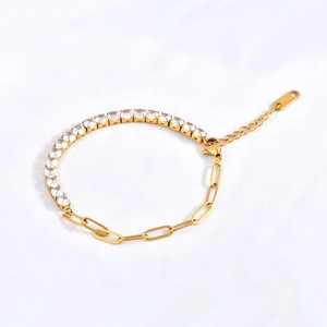 Elegant gold stainless steel bracelet with square white zircon and rectangle links