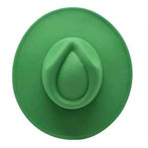 Top view of vibrant green wide brim fedora hat with classic teardrop crown shape
