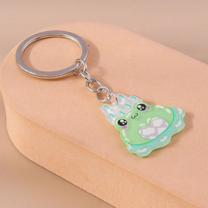 Detailed close-up of cartoon frog keychain with mushroom made of acrylic material