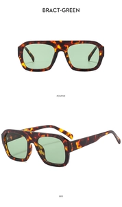 Detailed views of tortoise shell pilot sunglasses featuring light green lenses and frames