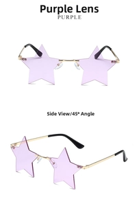 Star-shaped purple rimless sunglasses with gold metal temples shown in multiple angles