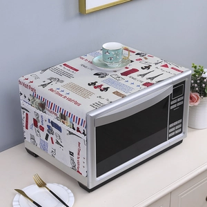 Linen microwave dust cover featuring Paris travel illustration and side storage pockets