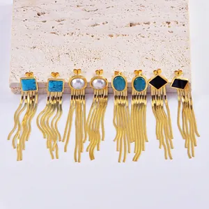 Exaggerated long tassel drop earrings with turquoise and pearl studs for party wear