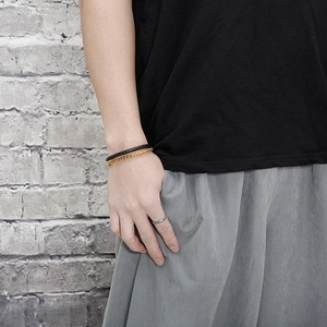 Men's double-layer black braided leather and gold cuban chain bracelet with silver ring